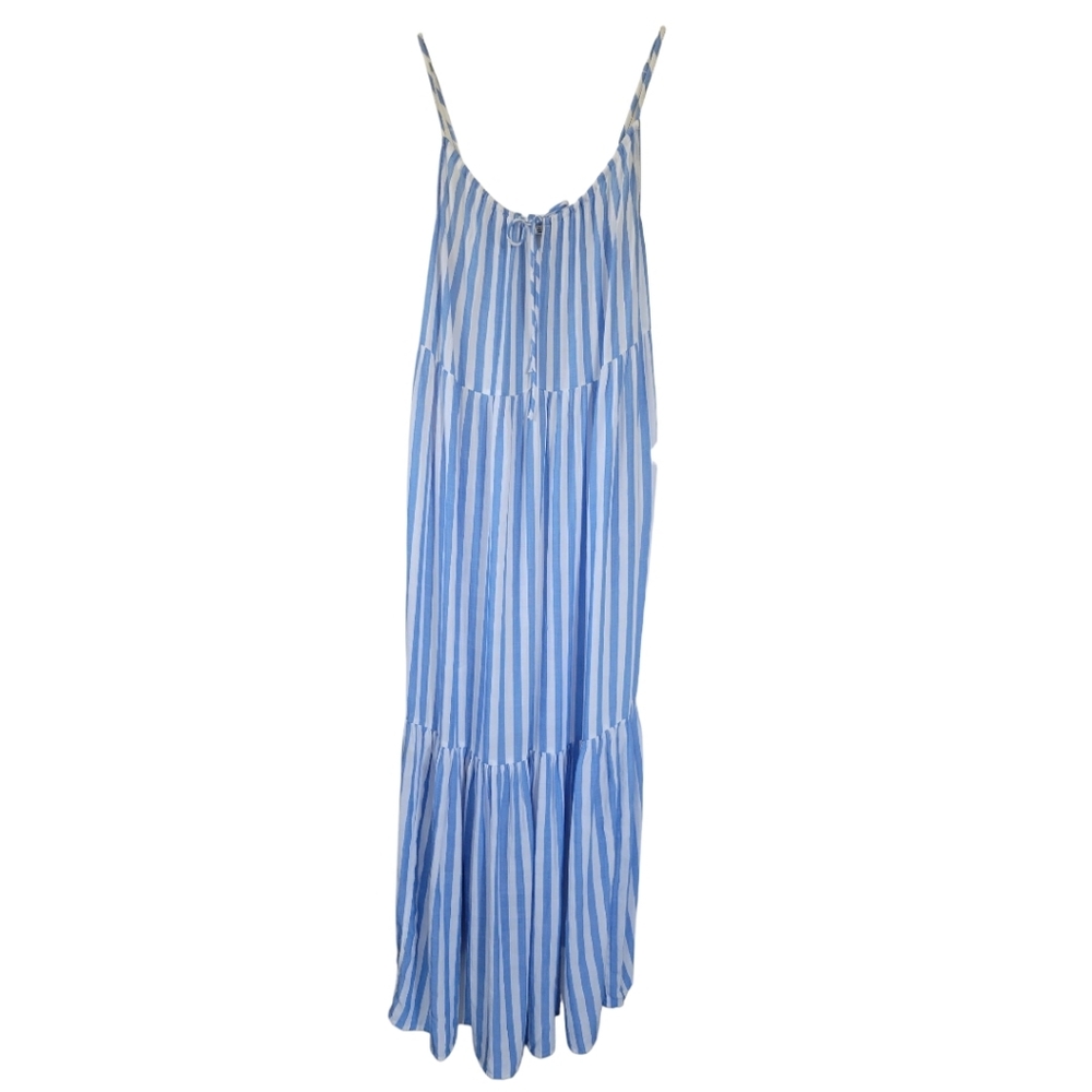 Old Navy Blue White Striped Tiered Coastal Boho Long Maxi Swing Dress Large - Picture 4 of 16